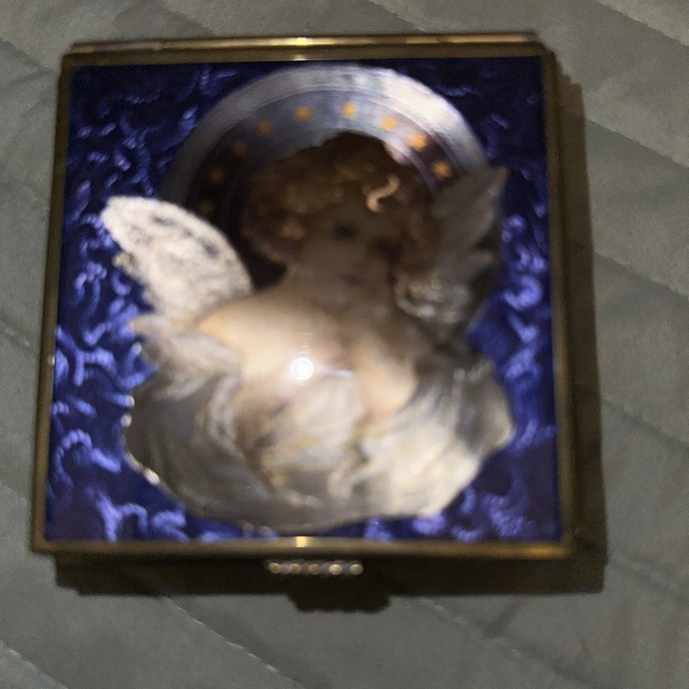 VTG Enesco Thomas Cathey Collection Cherub Angel Blue Glass Brass Trinket Box